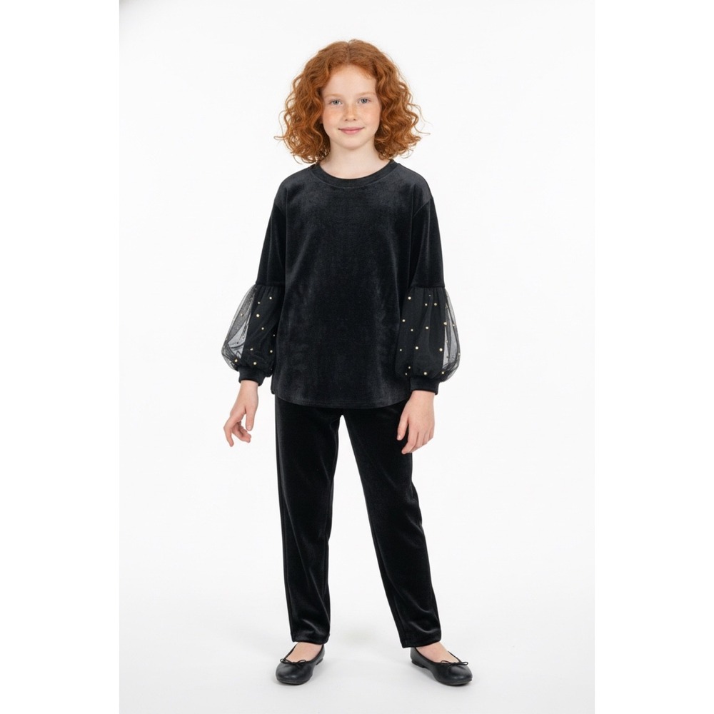 Truly Me Hannah Banana Girls Black Velour Puff Sleeve Sweater NWT 8 Gold Beads